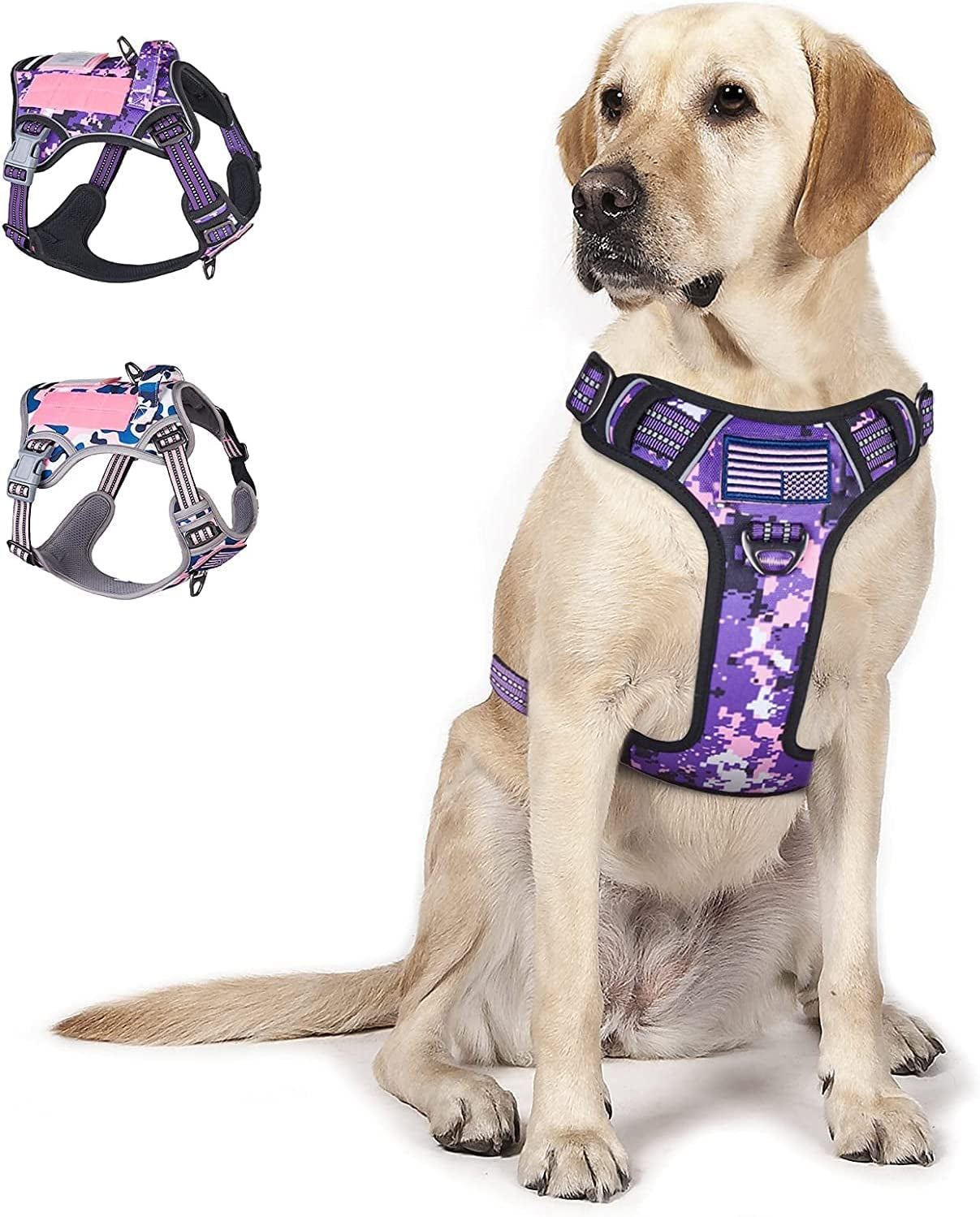 Ultimate No Pull Tactical Dog Harness for Large Dogs - Adjustable & Reflective Purple Camo Vest for Training & Outdoor Adventures