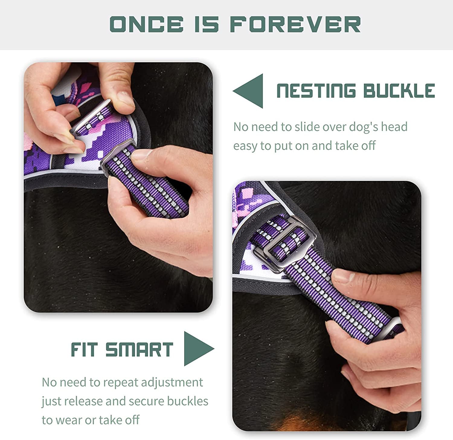 Ultimate No Pull Tactical Dog Harness for Large Dogs - Adjustable & Reflective Purple Camo Vest for Training & Outdoor Adventures